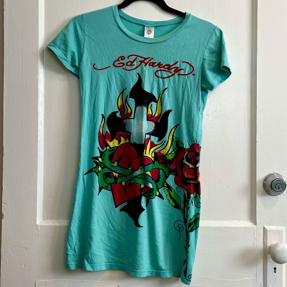 Ed Hardy Shirt- Blue with Red Velvet Lettering